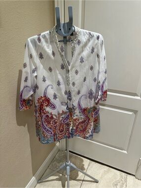 Chico's White Embroidered Paisley Button-Front Tunic with Multicolor Border